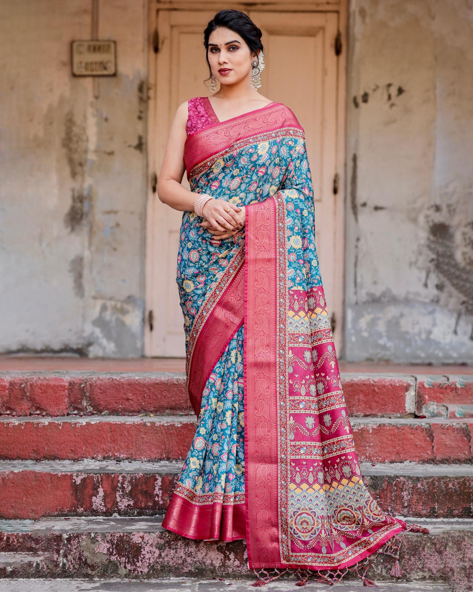 Printed soft silk saree With blouse price