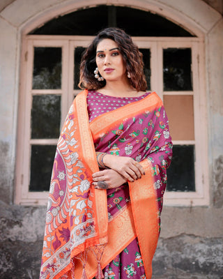 Wine Color Floral Printed Kanchipuram Silk sarees