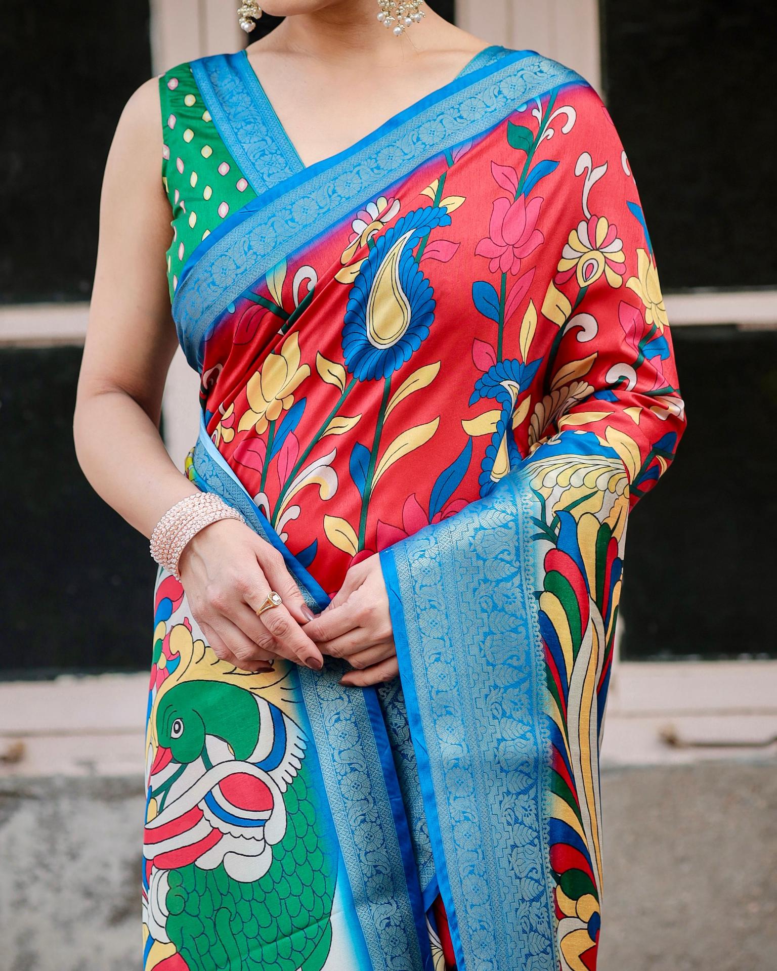 Red And Sky Digital printed sarees with price