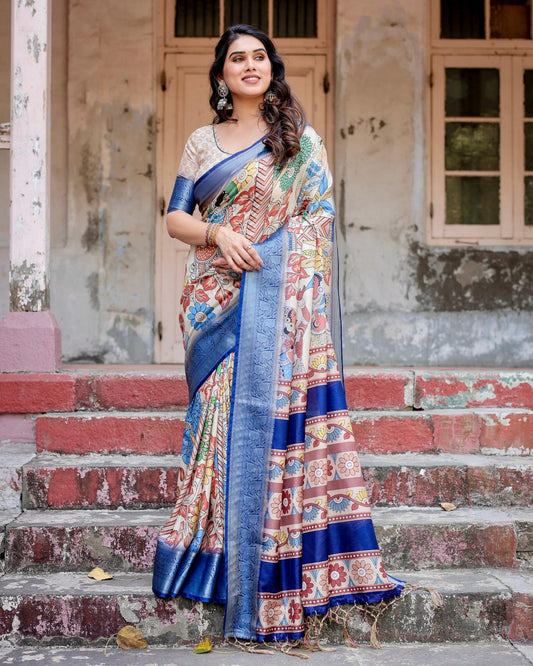 Blue And Skin Color Printed Saree