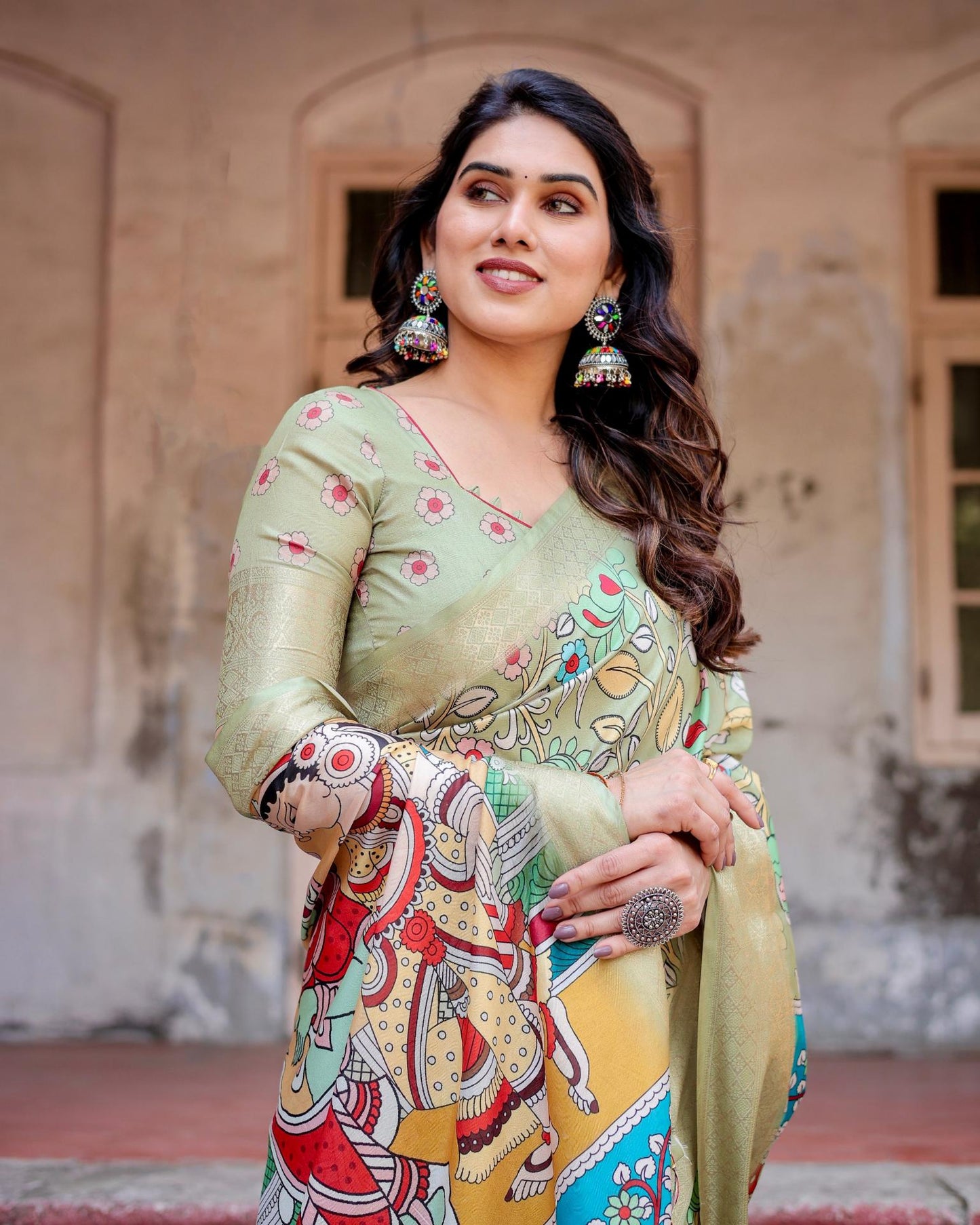 Green Color Printed Pure Silk Sarees with price