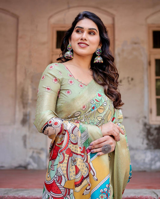 Green Color Printed Pure Silk Sarees with price
