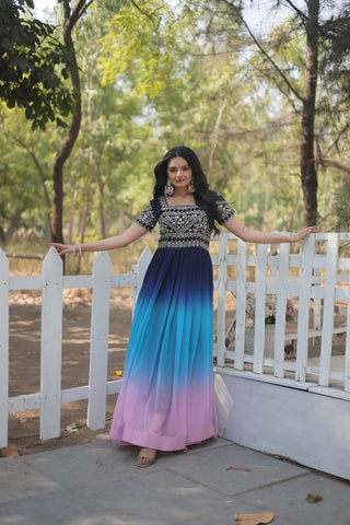 Blue colour Embroidery Zari Sequins Gown