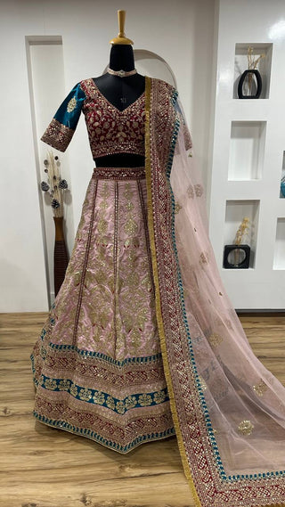 Glamorous Peach Silk Wedding Wear Bridesmaids Lehenga Choli with Dupatta