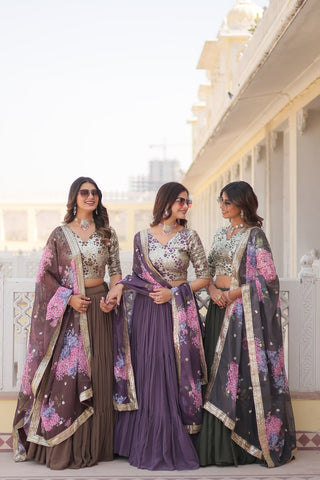 Beige, Mehendi, Lavender Lehenga