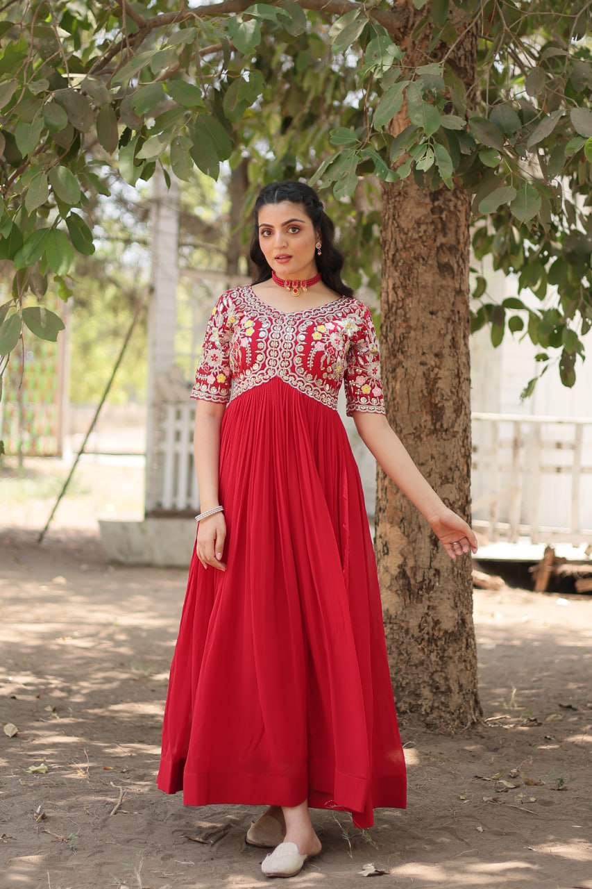 designer red anarkali long gown dress
