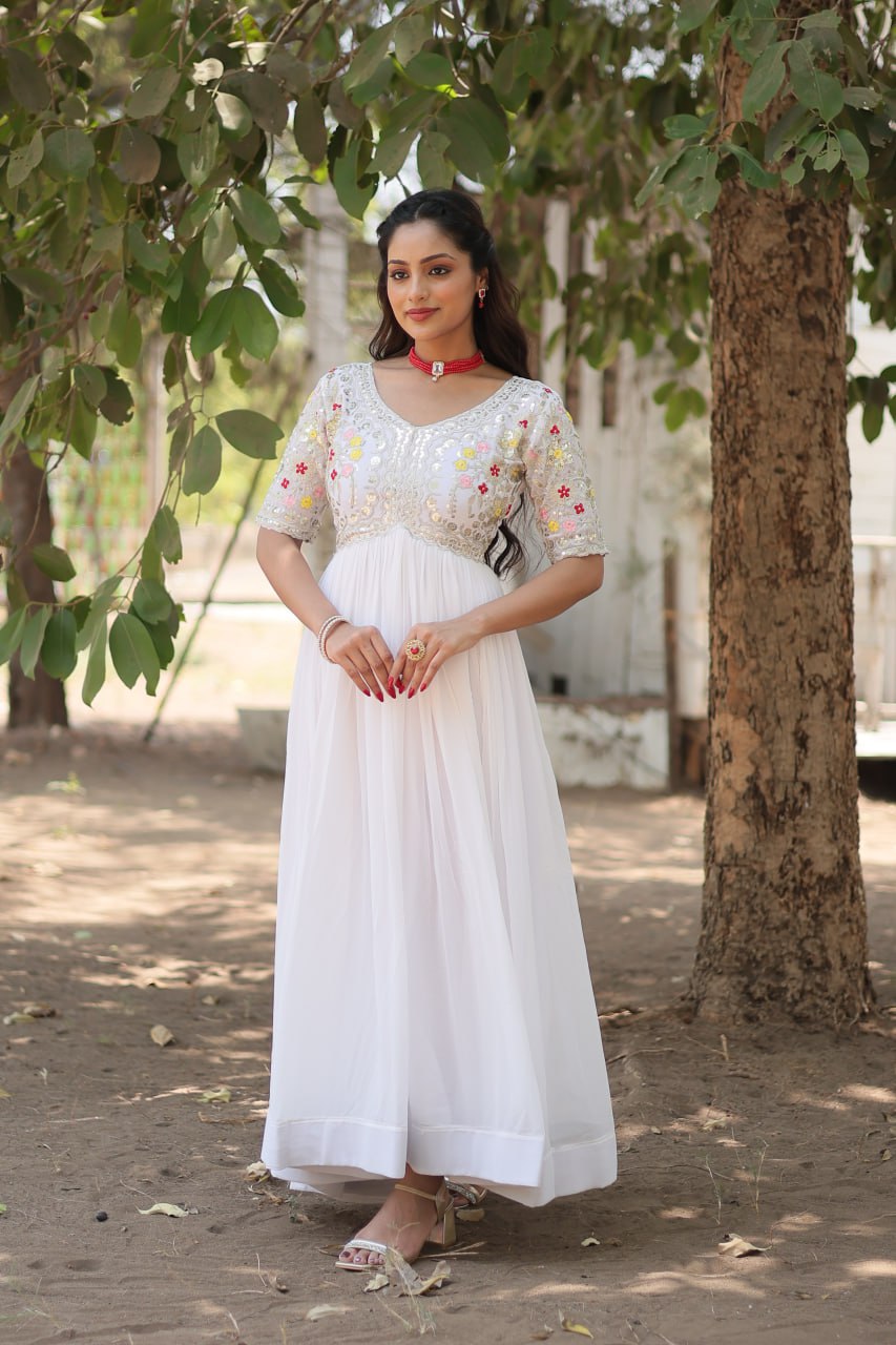 white designer gown with sequins work