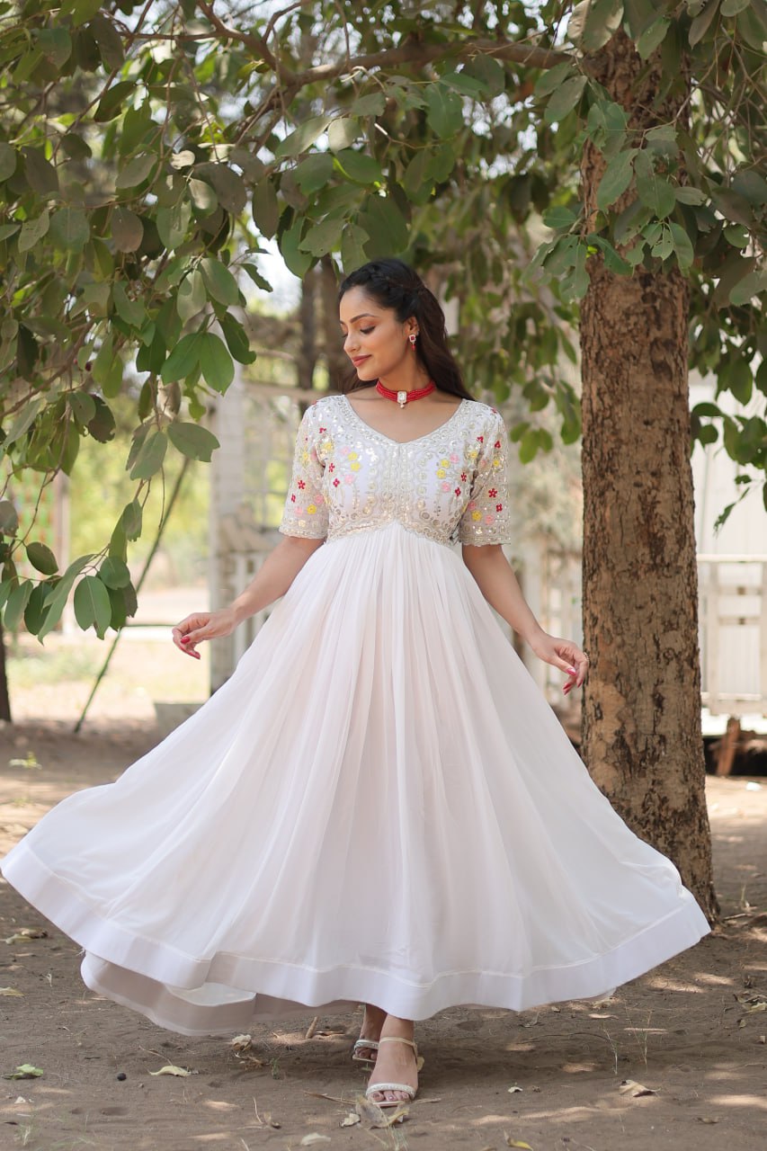 Red And White Color Party Wear Anarkali Gown Dresses For Women M / White Red And White Color Party Wear Anarkali Gown Dresses For Women M / White