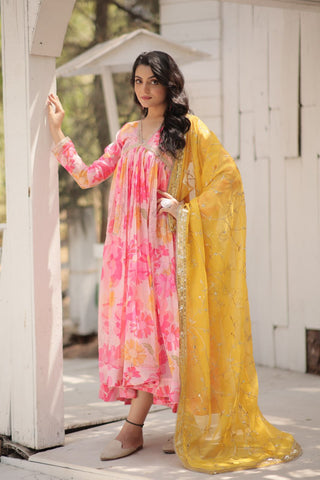 Pink Color Alia cut gown with dupatta set 