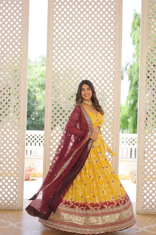 party wear yellow lengha choli for women