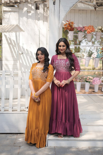 Mustard Faux Georgette Embroidered and Sequins Work Designer Gown