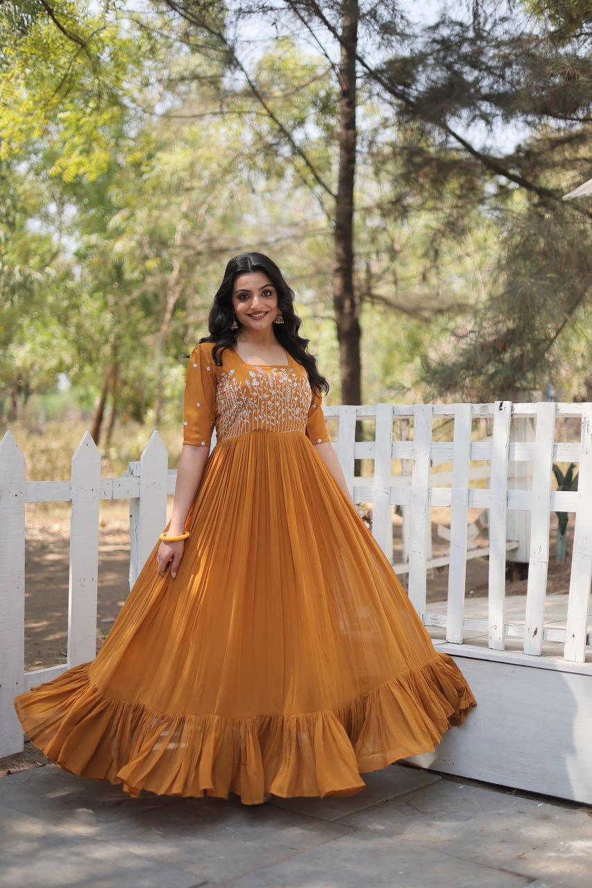 Indian Designer Wedding Wear Half Sleeve Gown - L / Yellow Indian Designer Wedding Wear Half Sleeve Gown - L / Yellow