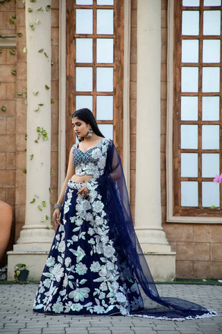 Navy Blue color silk lehenga choli for wedding wear