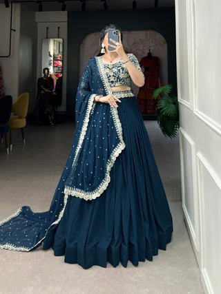 Teal blue georgette lehenga with dupatta