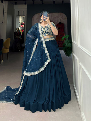 Teal blue georgette lehenga choli