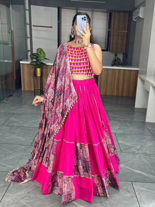 Pink plain with print work on daaman lehenga choli online