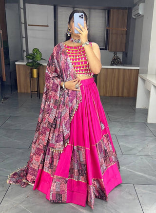 Pink plain with print work on daaman lehenga choli price