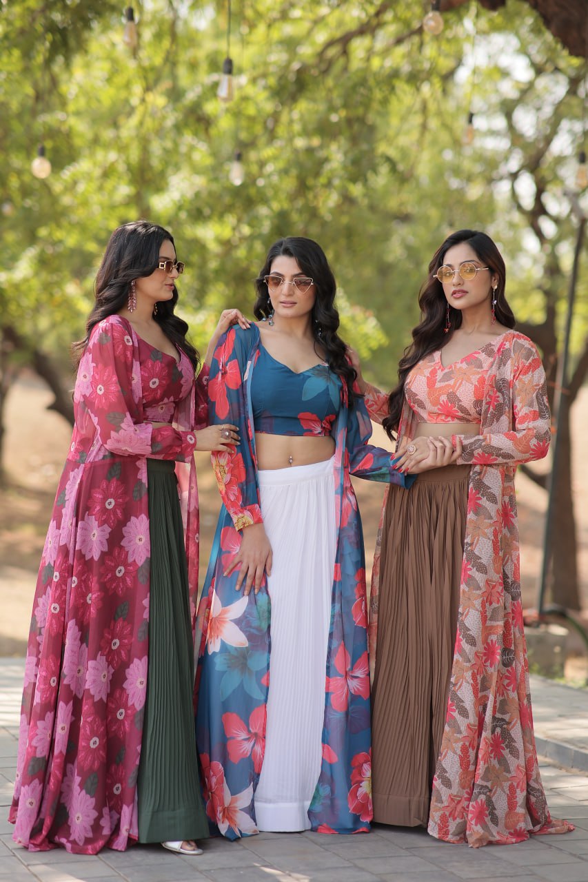 Georgette Lehenga With Digital Flower Print Shrug for Women