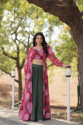 Green Lehenga With Flower Print Shrug