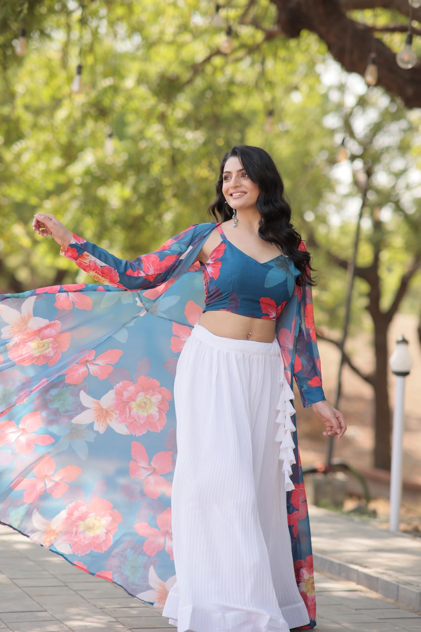 White Lehenga With Sky Blue Shrug