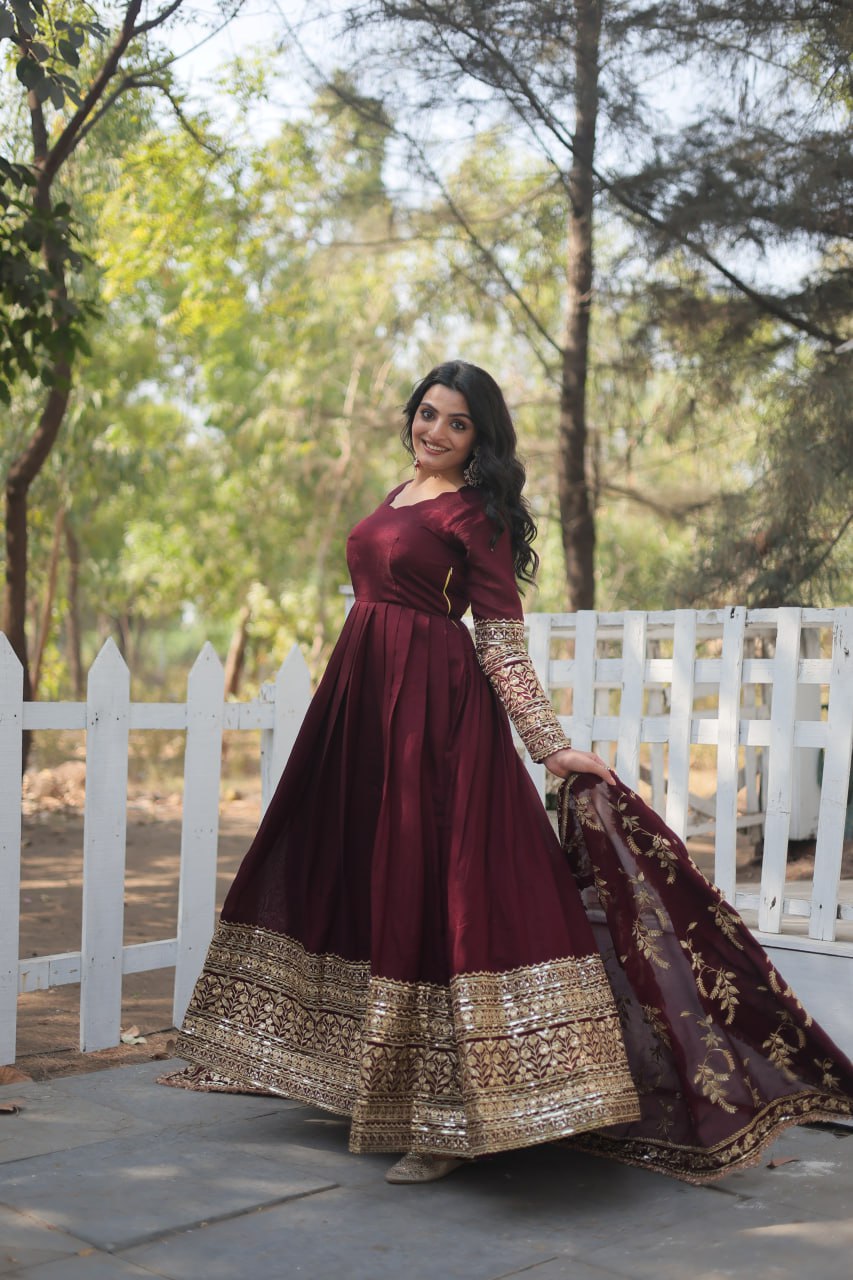 Stunning Dark Maroon Party Wear Gown With Dupatta Ragthm Stunning Dark Maroon Party Wear Gown With Dupatta Ragthm