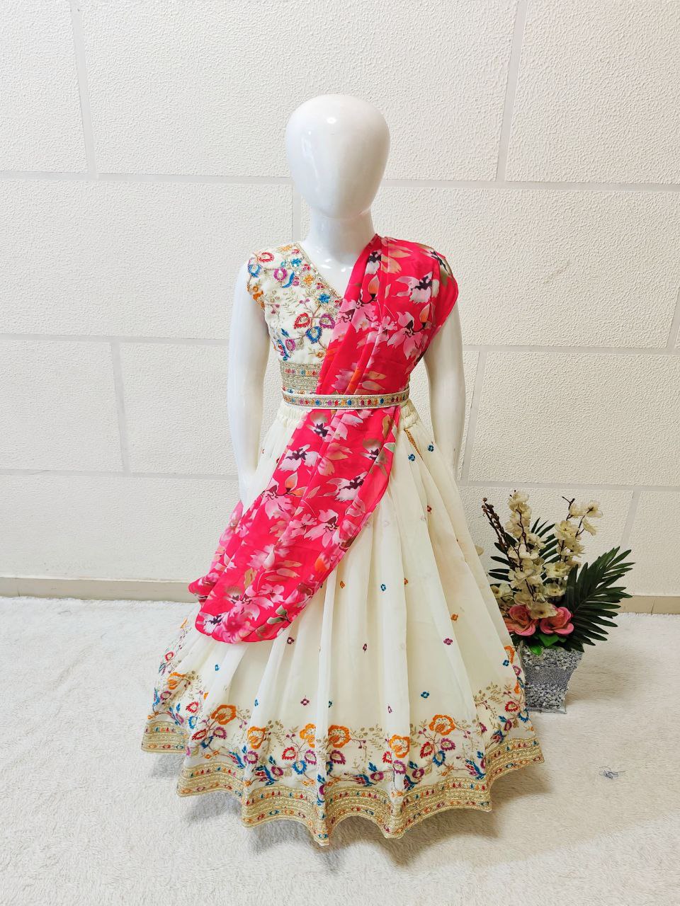 Off white georgette kids lehenga choli saree for women price
