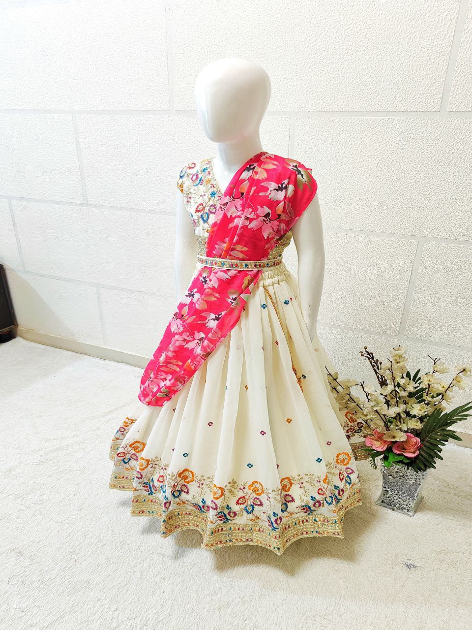 Off white georgette kids lehenga choli saree for women online shopping
