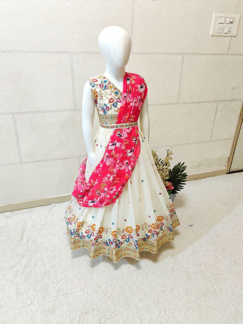 Off white georgette kids lehenga choli saree for women online
