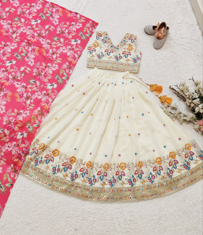 Off white color georgette lehenga choli design