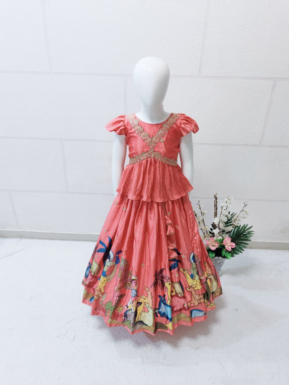 Peach silk kids lehenga choli saree for girls online shopping
