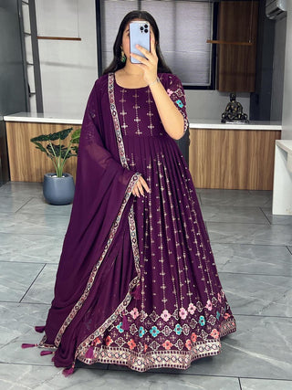 Long wine georgette gown for women
