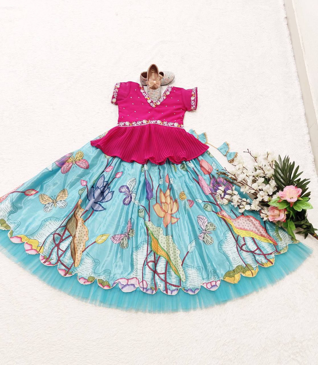 Sky color silk small baby lehenga with top