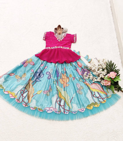Sky color silk small baby lehenga with top