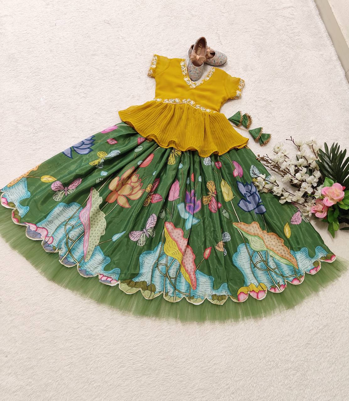 Green color girls silk Lehenga with top for party