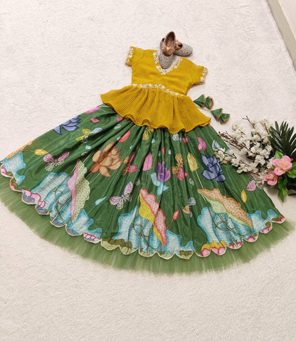 Green color girls silk Lehenga with top for party