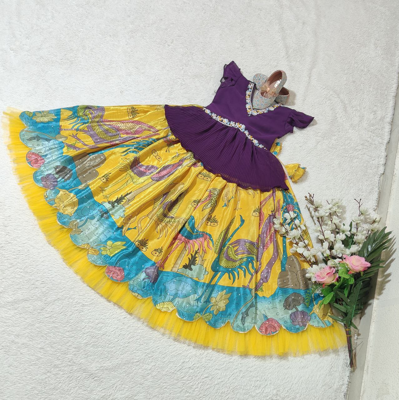 Yellow Color silk kids lehenga choli saree for girls online shopping
