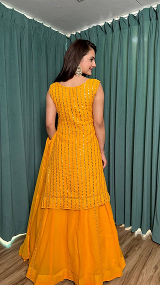 Yellow festive wear top with lehenga price