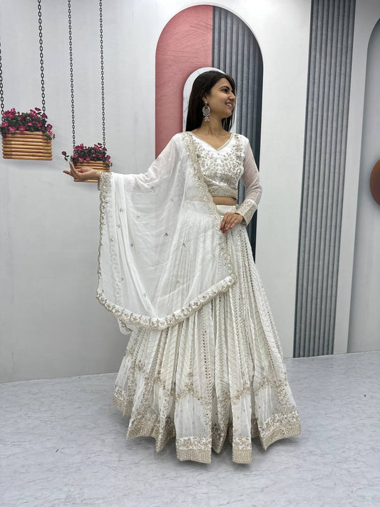 White Color Georgette Sequins Work Lehenga Choli For Engagement