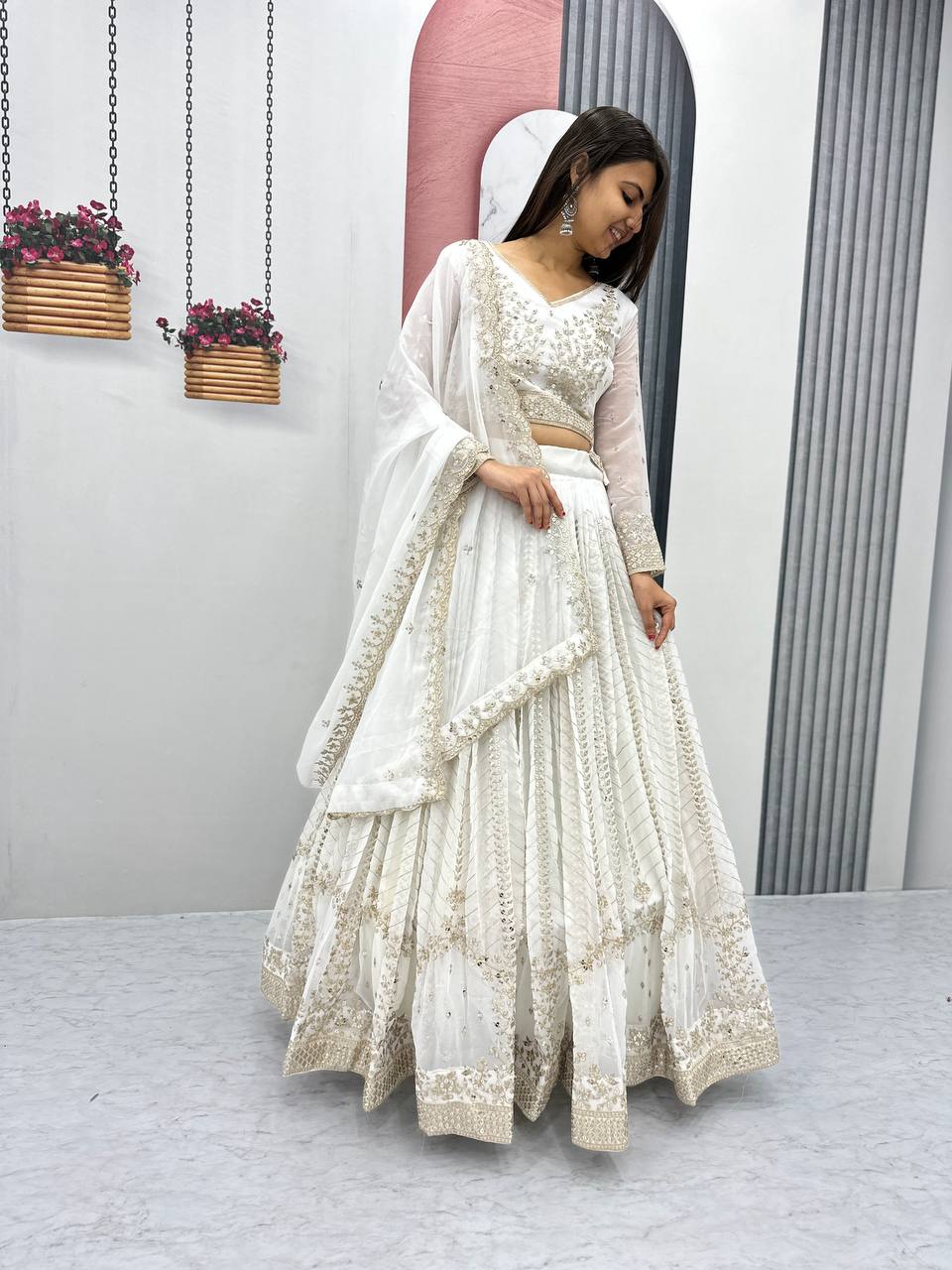 White Color Georgette Sequins Work Lehenga Choli For Engagement