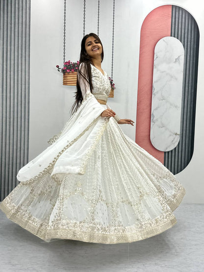 White Color Georgette Sequins Work Lehenga Choli For Engagement