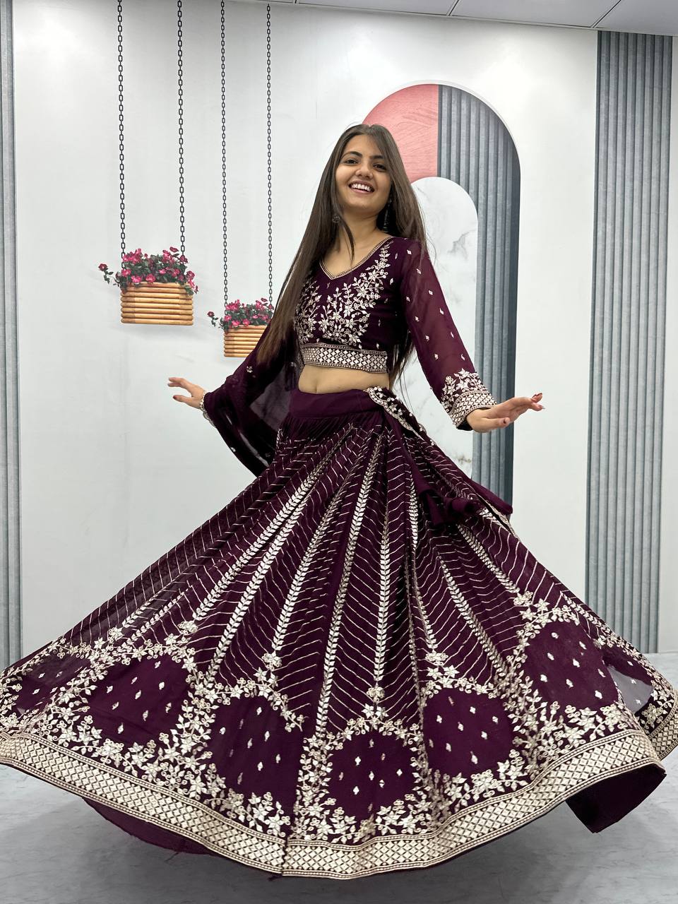 Wine color georgette lehenga choli design  look
