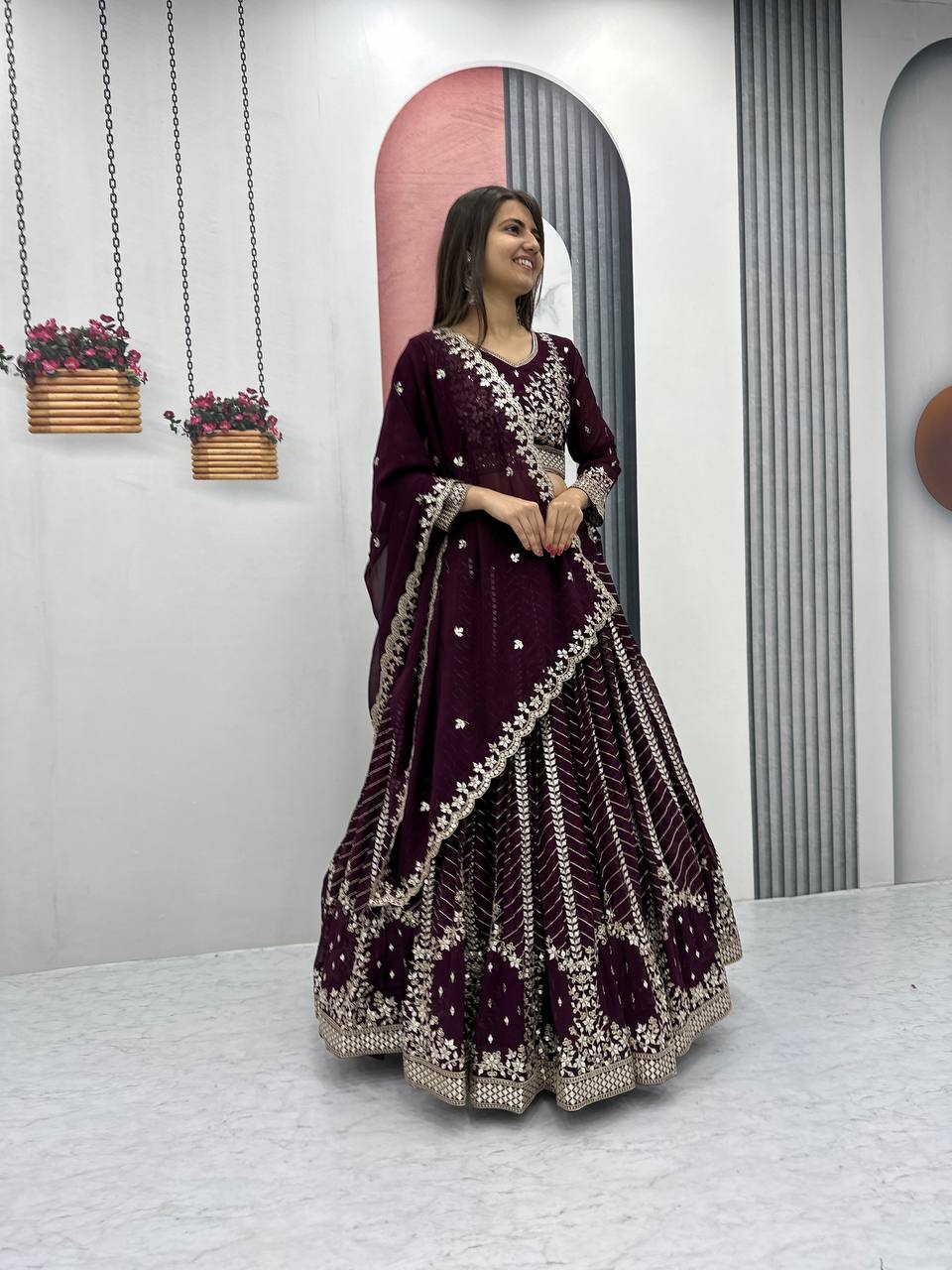 Wine color georgette lehenga choli online shopping
