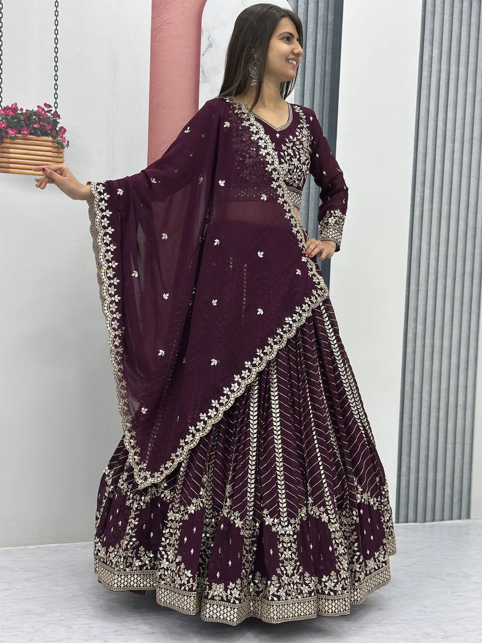 Wine color georgette lehenga choli for wedding
