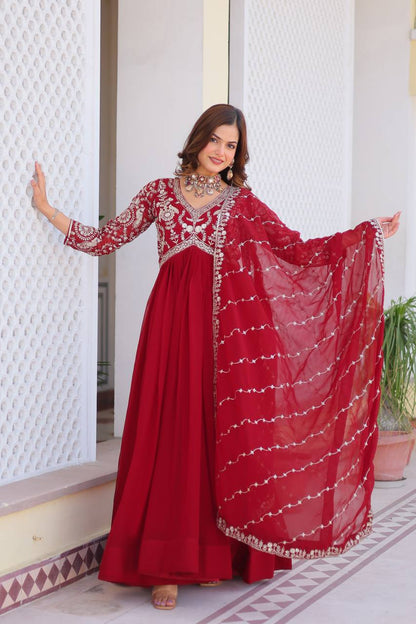 Maroon color georgette gown with dupatta