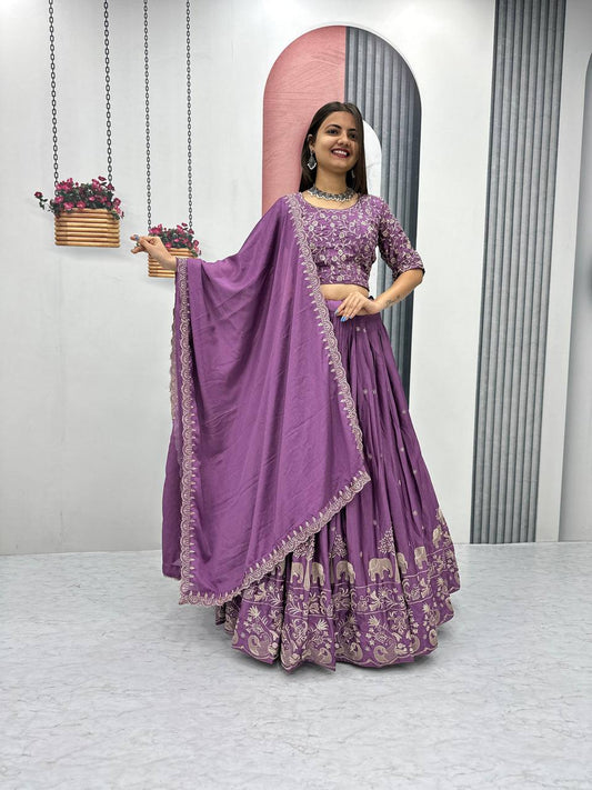 Purple color chinon embroidery work lehenga choli 