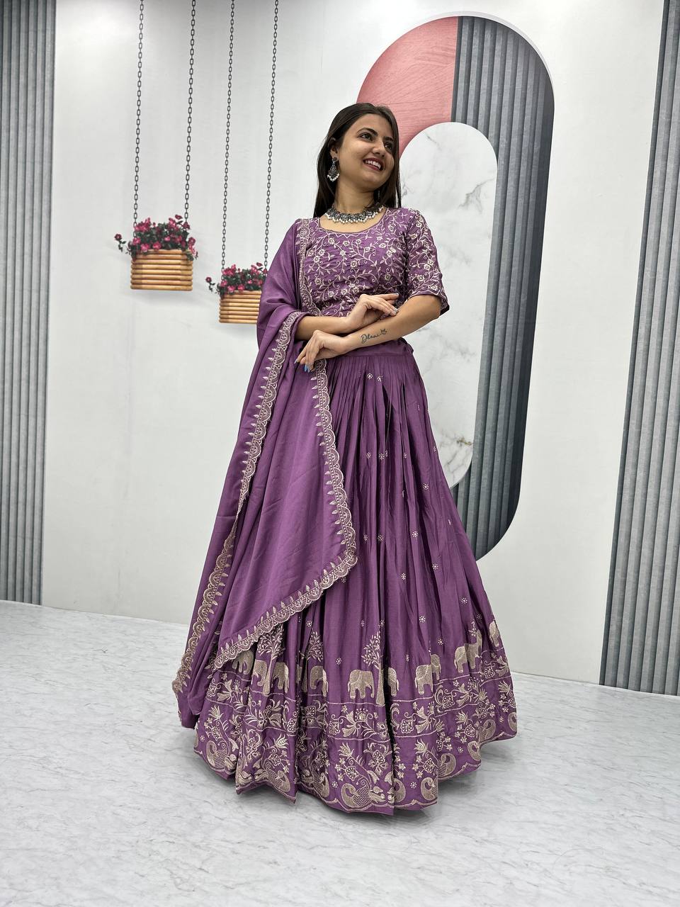 Purple color chinon embroidery work lehenga choli price