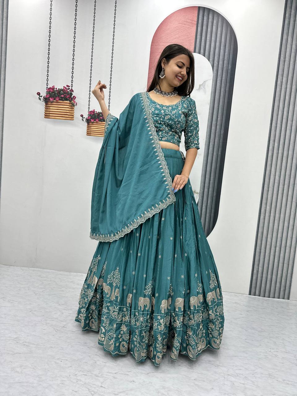 Rama color chinon lehenga choli for wedding