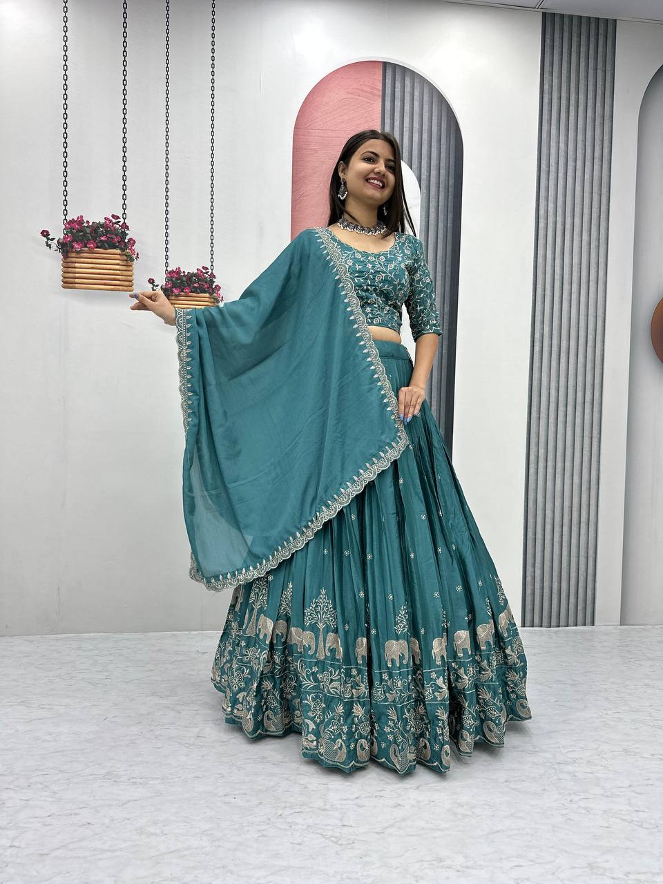 Rama color chinon lehenga choli