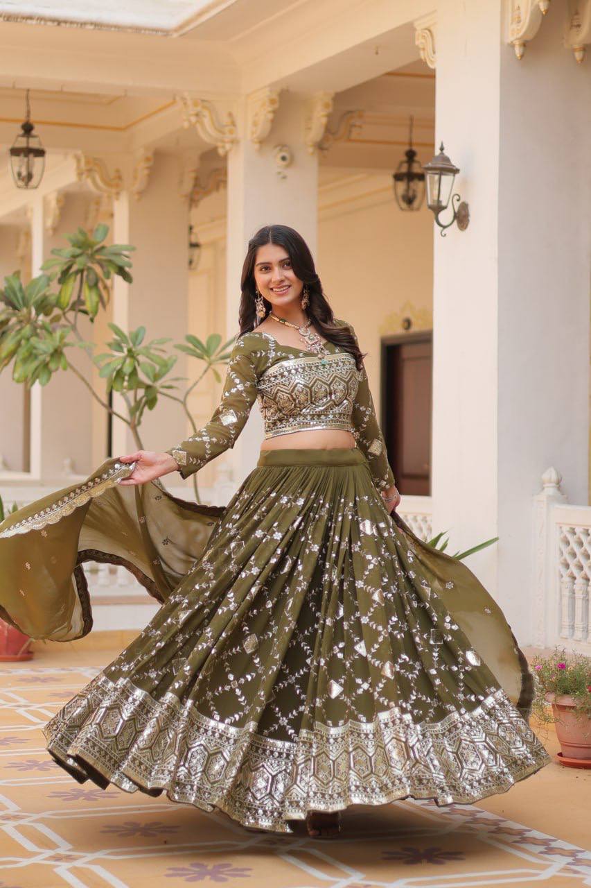 Mehendi color georgette sequins work lehenga choli online shopping