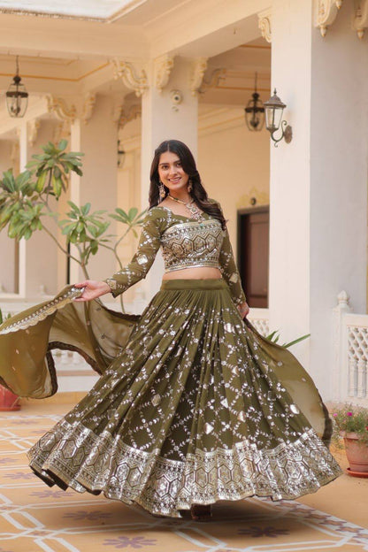 Mehendi color georgette sequins work lehenga choli online shopping